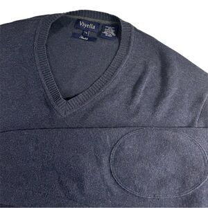 Viyella Men's Sweater Cotton Stretch Blue Large with Elbow Patches Small V Neck